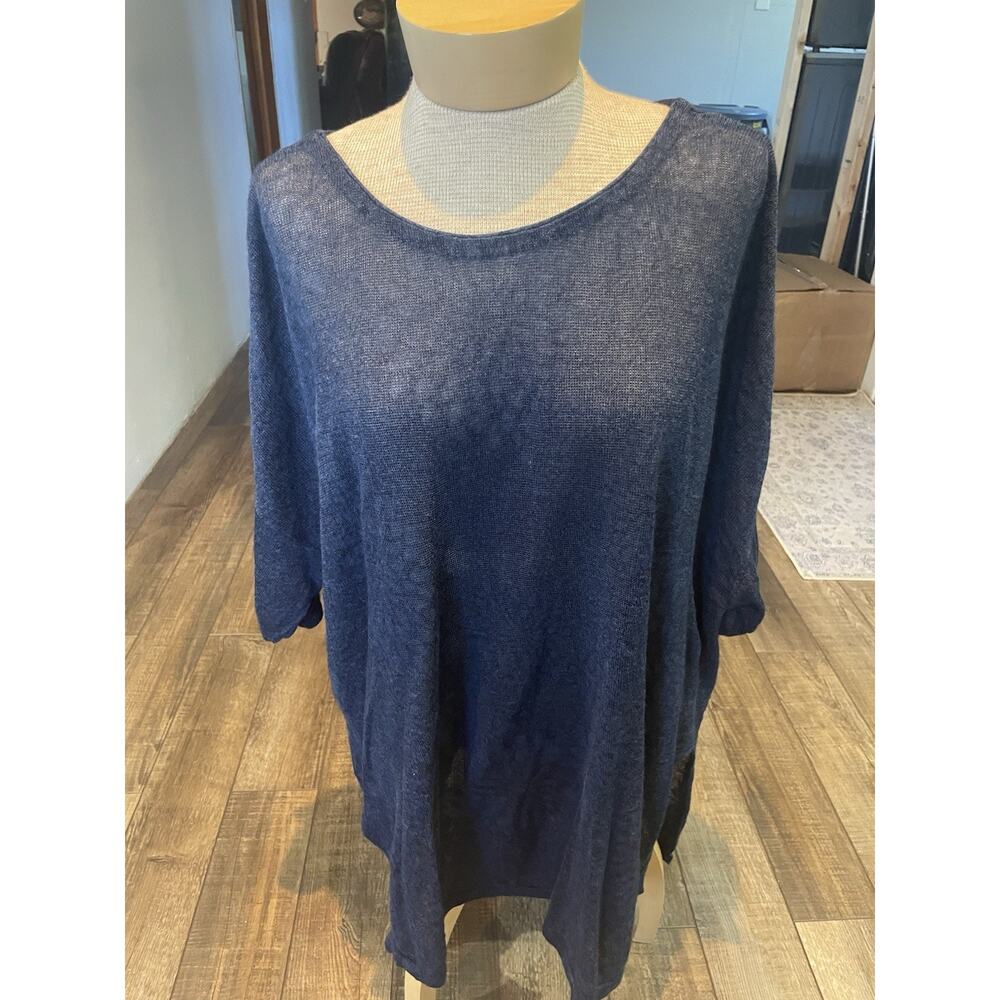 PureJill Indigo Linen Woven Floral Oversized Tunic Coastal Old Money Lagenlook